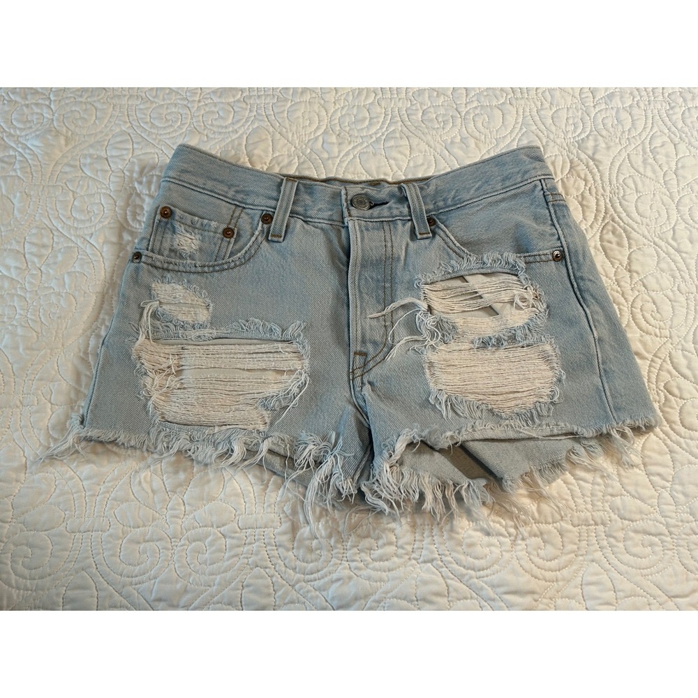 Levis 501 Womens Light Wash Distressed Cutoff Denim Shorts Button Fly Size 27